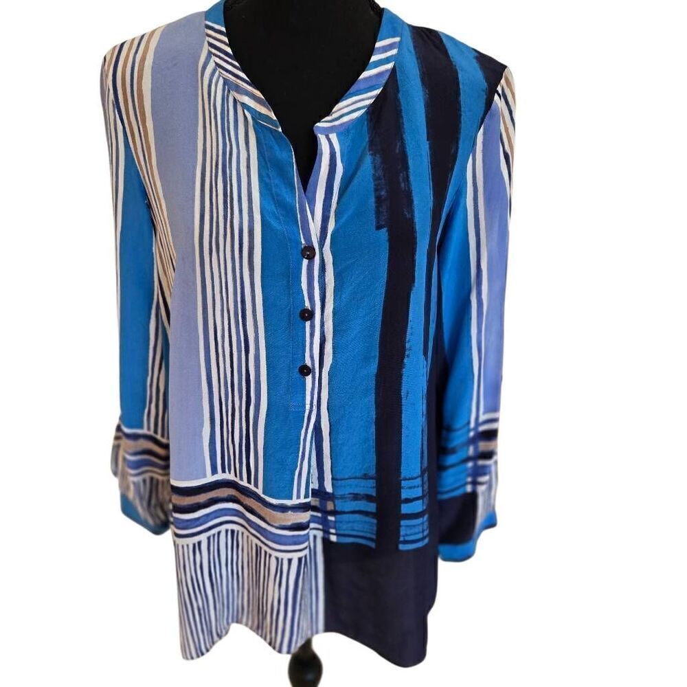 Nic + Zoe Womens Silk Blend Stripe Long Sleeve Tunic Blouse Blue Size Small